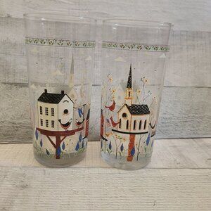 Vintage Warren Kimble Americana Birdhouse Glass Tumbler Set Of 2